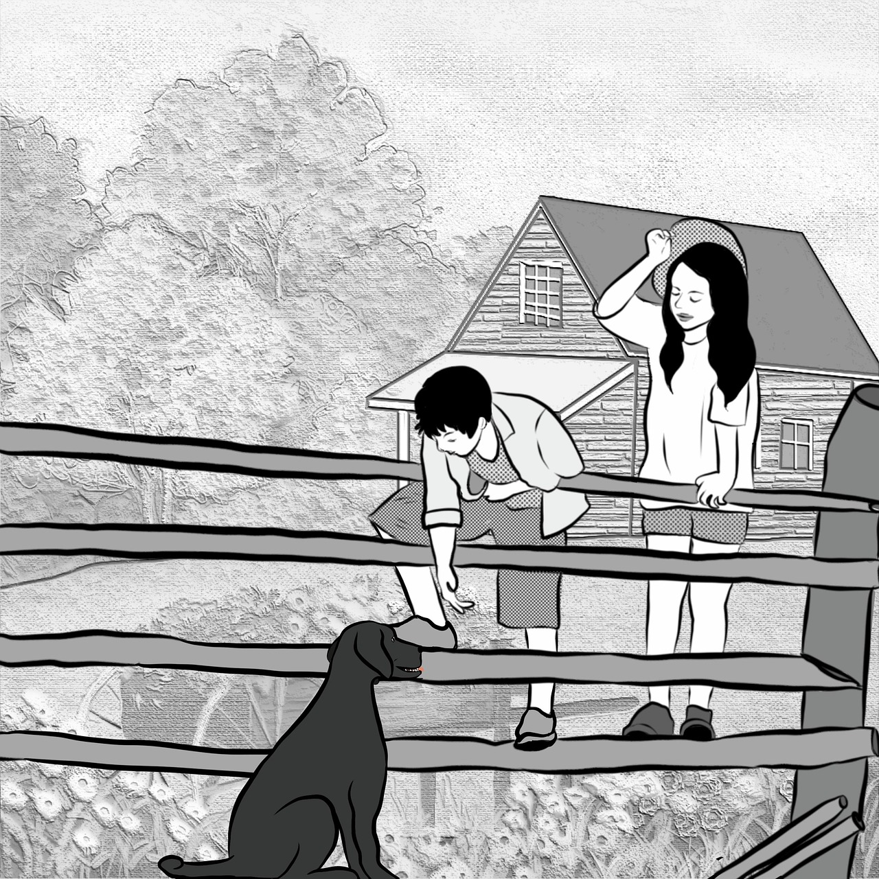 Country Life Illustration: Kids and Dog by the Fence