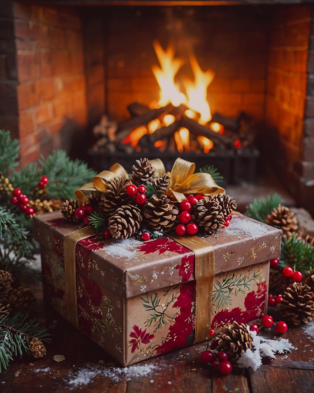Cozy Christmas Gift by Fireplace