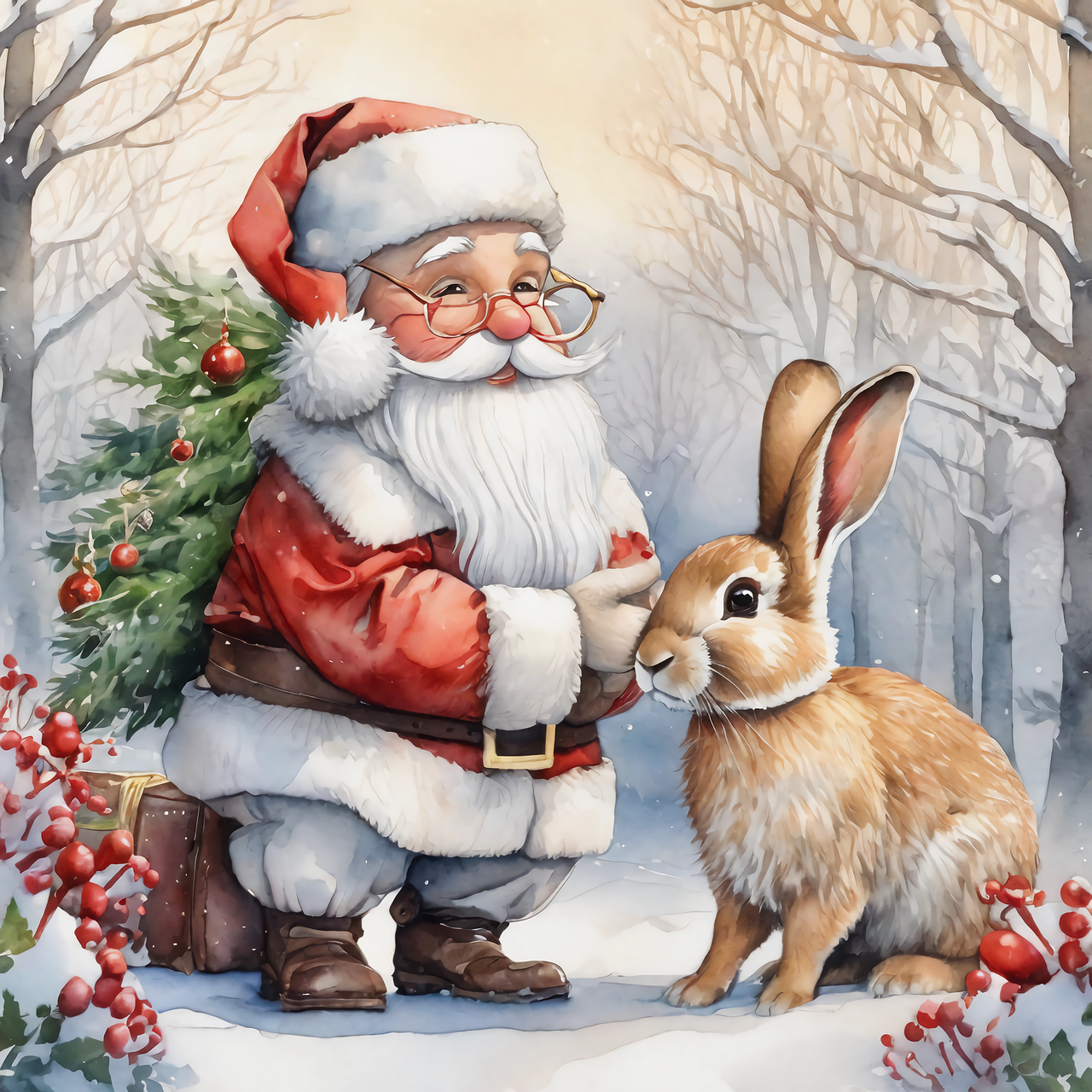 Cute Santa Claus with Rabbit in Winter Forest