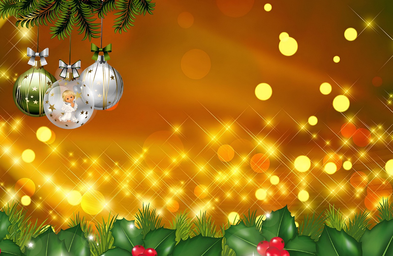 Festive Christmas Background with Ornaments and Golden Lights