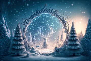 Magical Winter Forest Scene with Glowing Deer